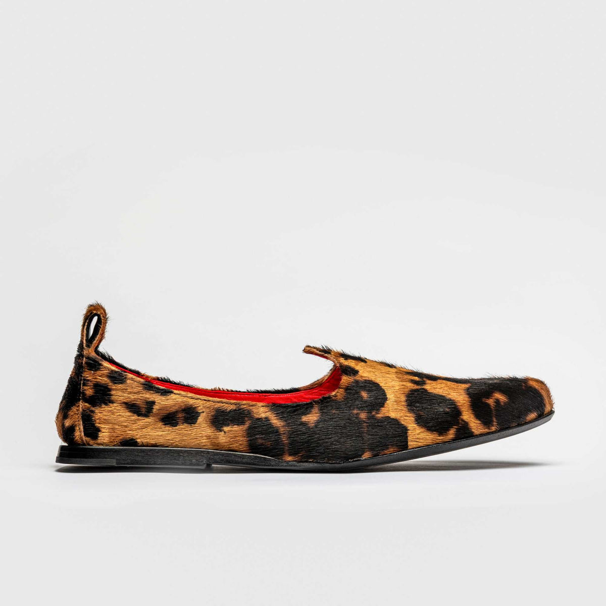 JOCO Austin men's Mojri loafer in leopard pony hair calfskin, red lambskin lining, handmade in Lucca, Italy