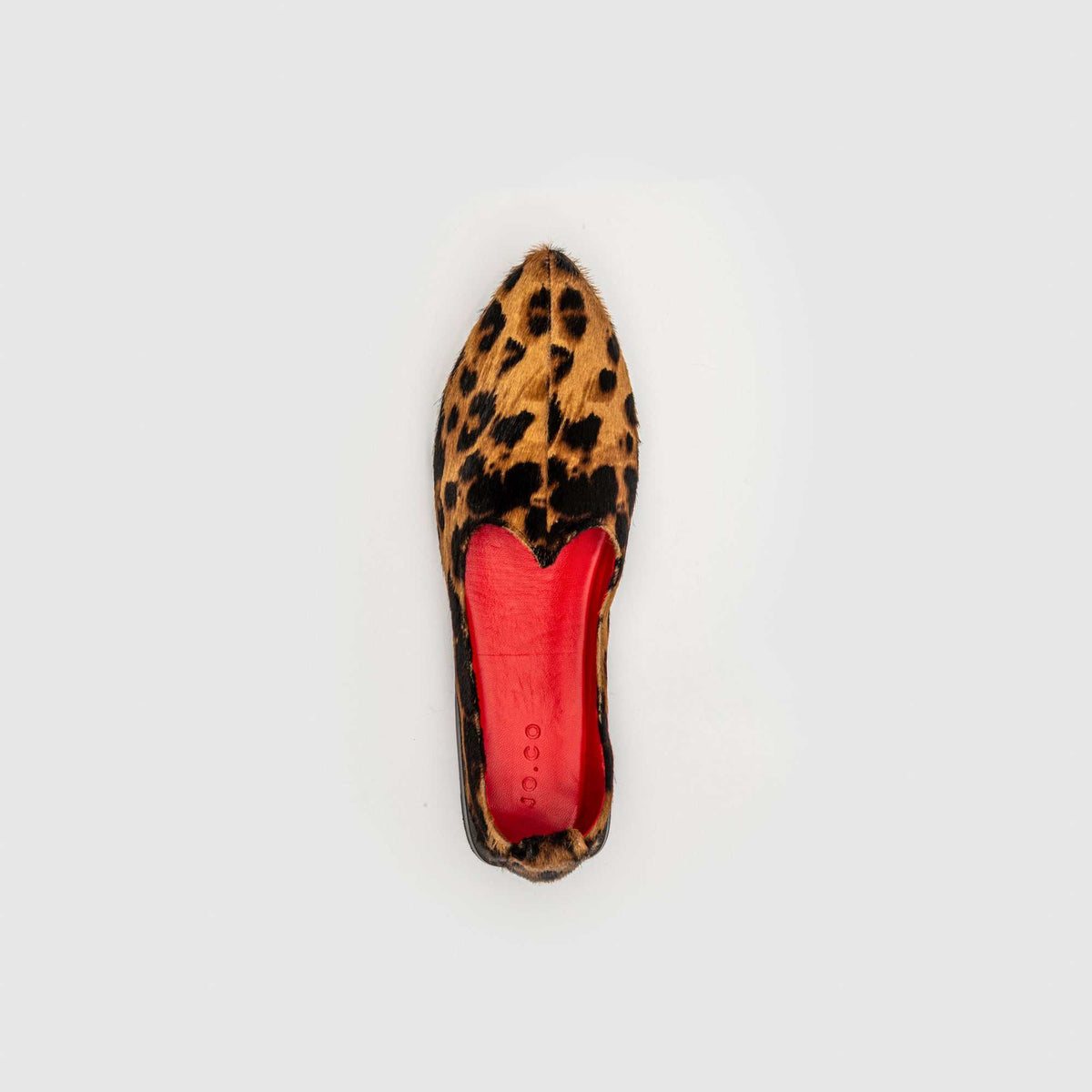 Top view of JOCO Austin men's leopard pony hair Mojri loafer showing the red lambskin lining