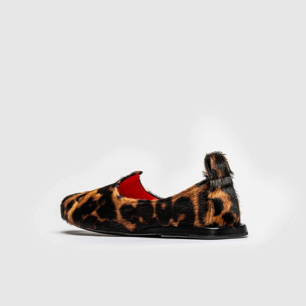 JOCO Austin women's Mojri loafer in leopard pony hair calfskin, red lambskin lining, handmade in Lucca, Italy