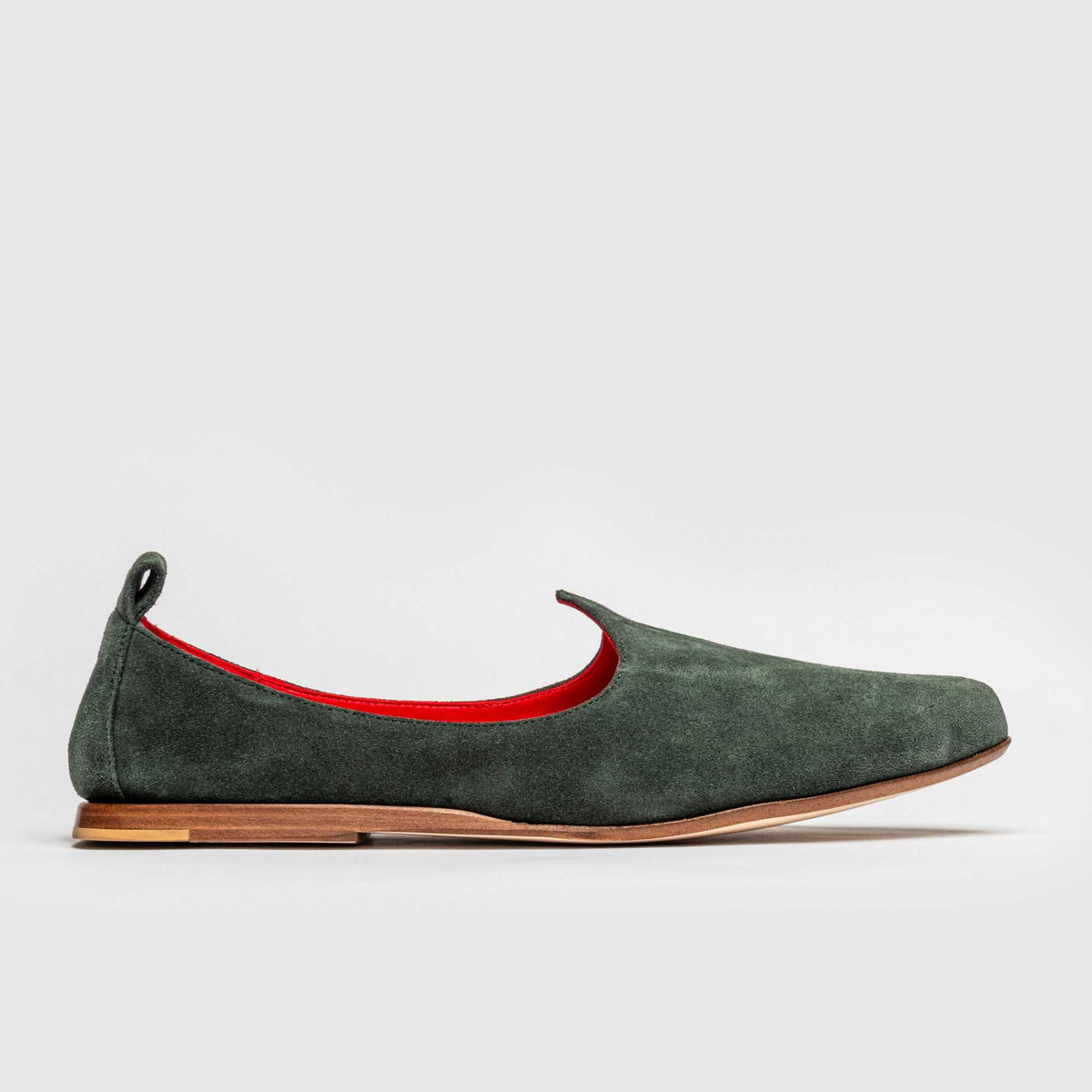 JOCO Granada Mojri loafer in olive green suede, red lambskin lining, handmade in Lucca, Italy