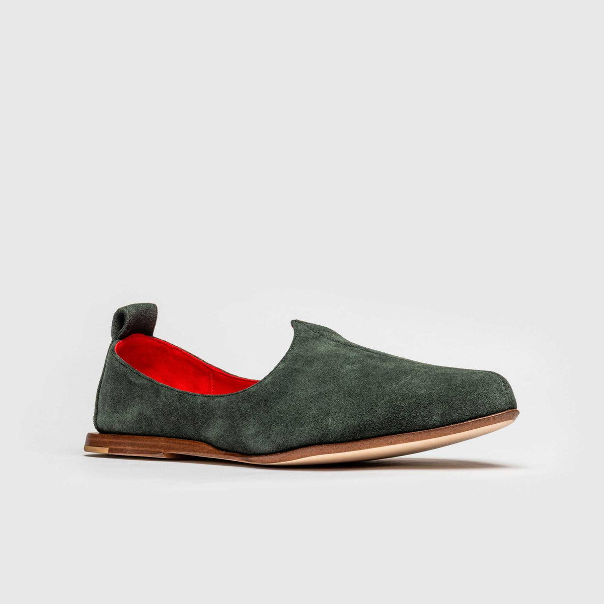 JOCO Granada Mojri loafer in olive green suede, red lambskin lining, handmade in Lucca, Italy