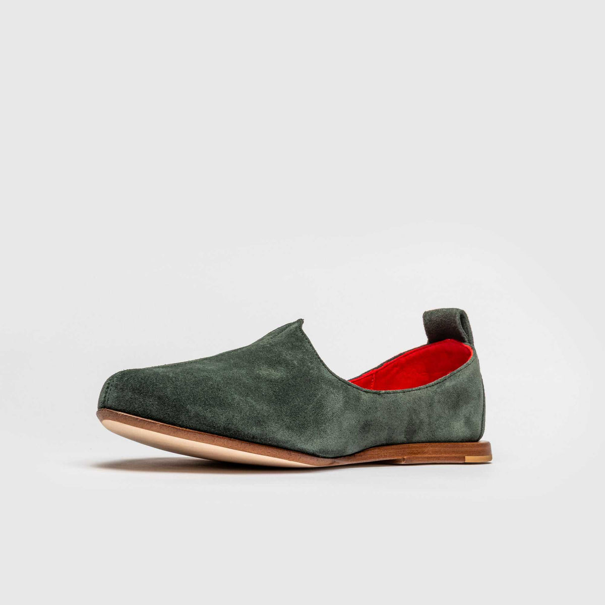 JOCO Granada Mojri loafer in olive green suede, red lambskin lining, handmade in Lucca, Italy