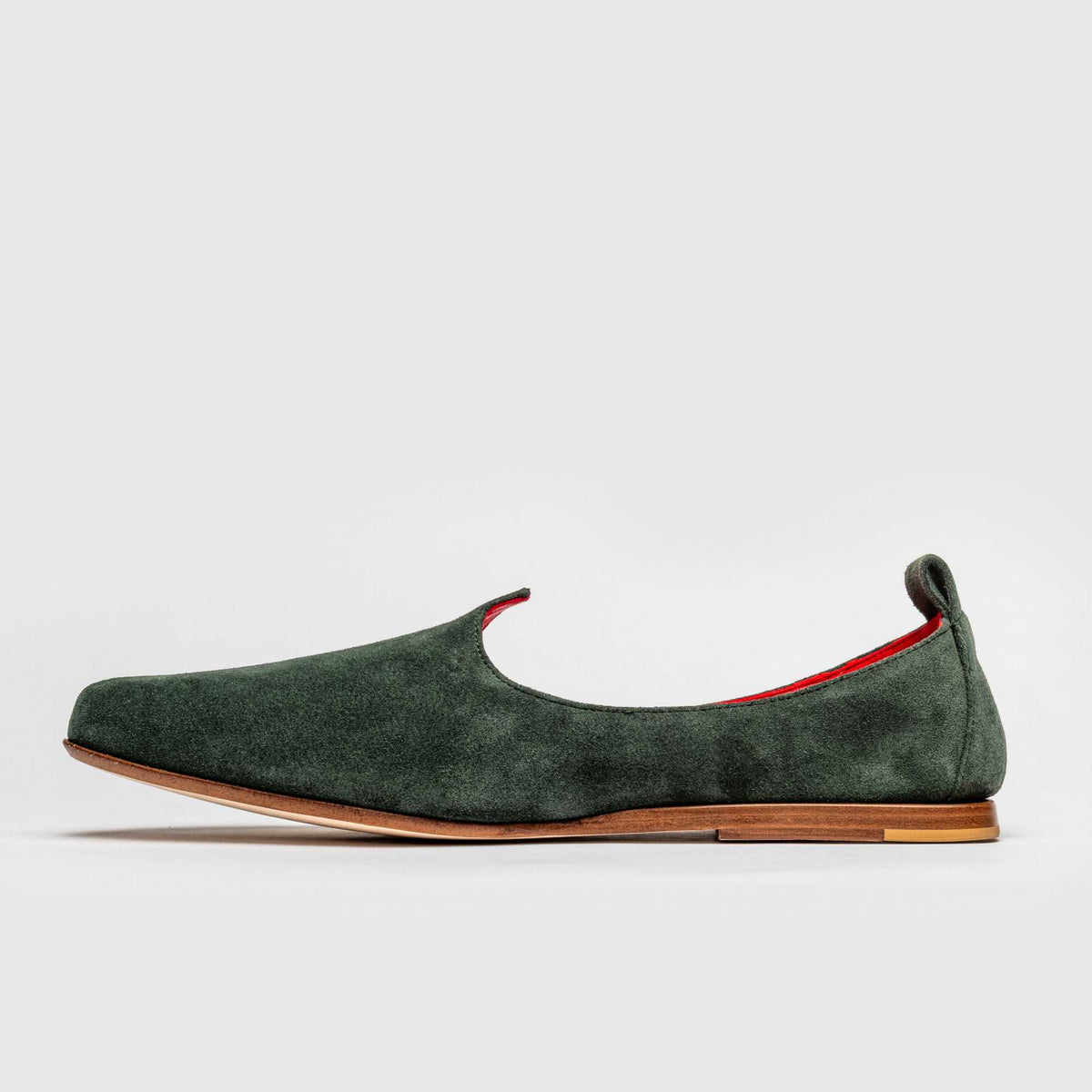 JOCO Granada Mojri loafer in olive green suede, red lambskin lining, handmade in Lucca, Italy