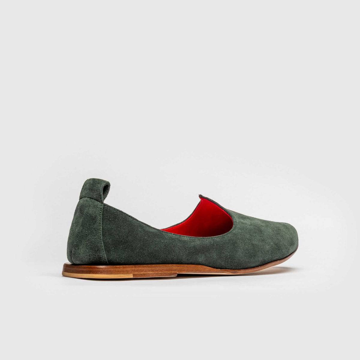 JOCO Granada Mojri loafer in olive green suede, red lambskin lining, handmade in Lucca, Italy