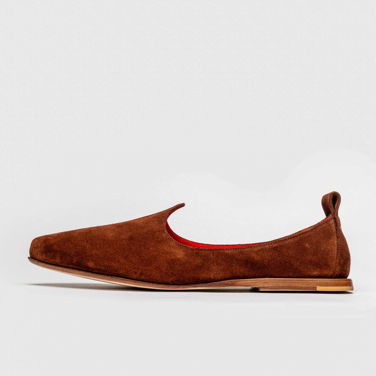 JOCO Granada Mojri loafer in rust brown suede, red lambskin lining, handmade in Lucca, Italy