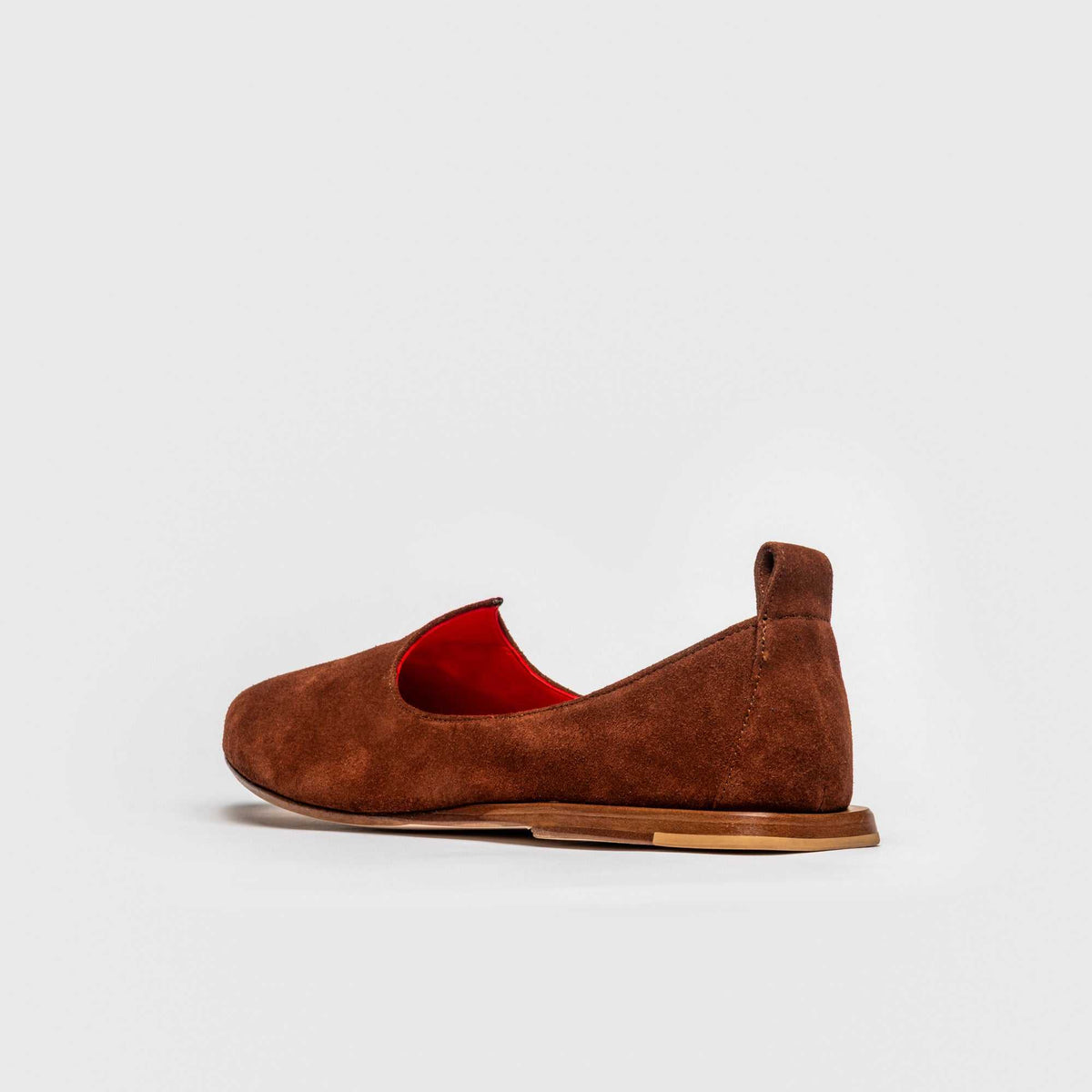 JOCO Granada Mojri loafer in rust brown suede, red lambskin lining, handmade in Lucca, Italy