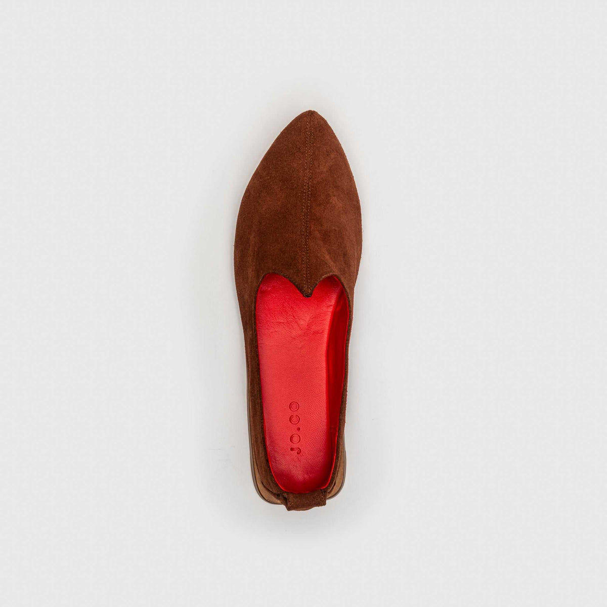 Top view of JOCO Granada rust brown suede Mojri loafer showing the red lambskin lining