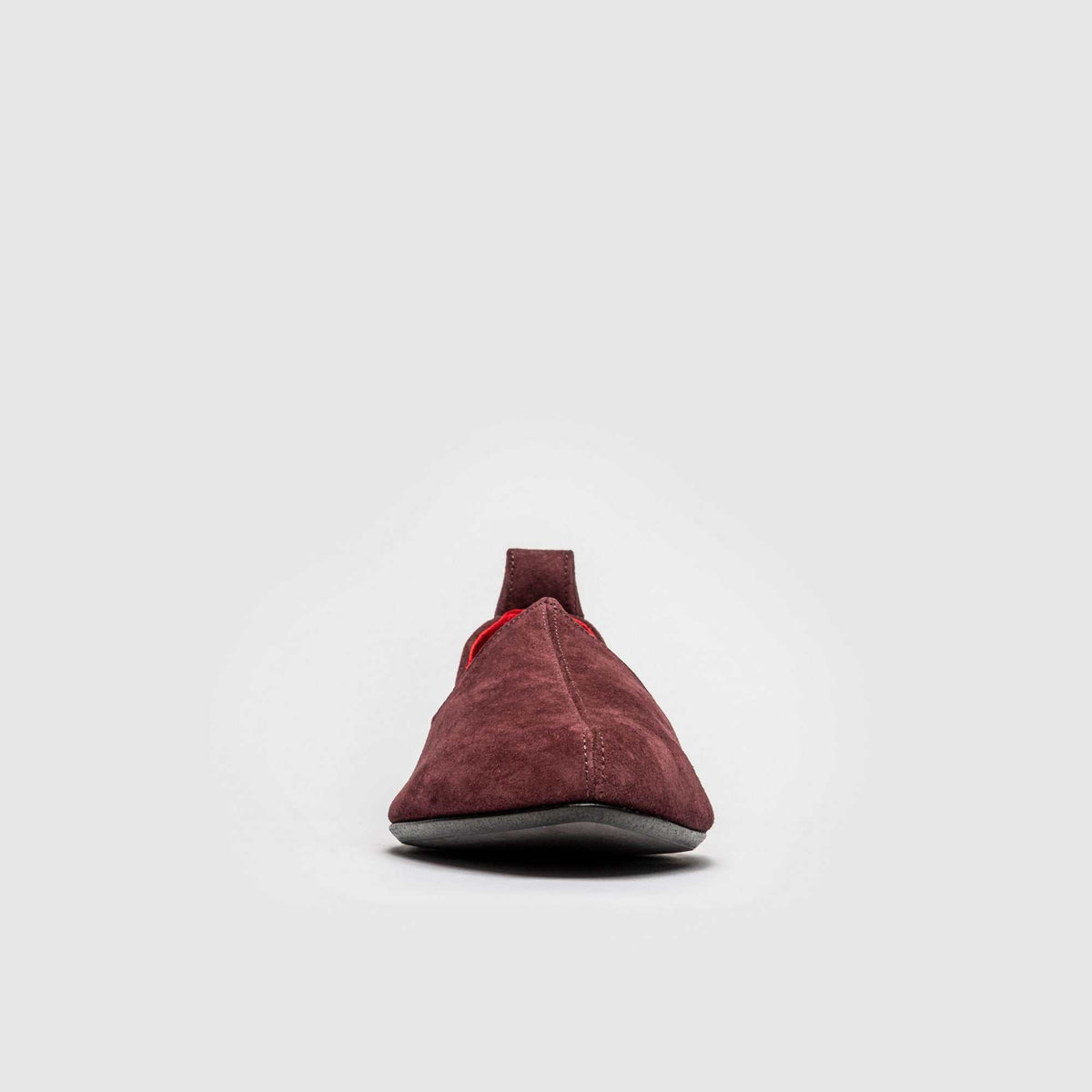 JOCO Granada women's Mojri loafer in burgundy suede, red lambskin lining, handmade in Lucca, Italy