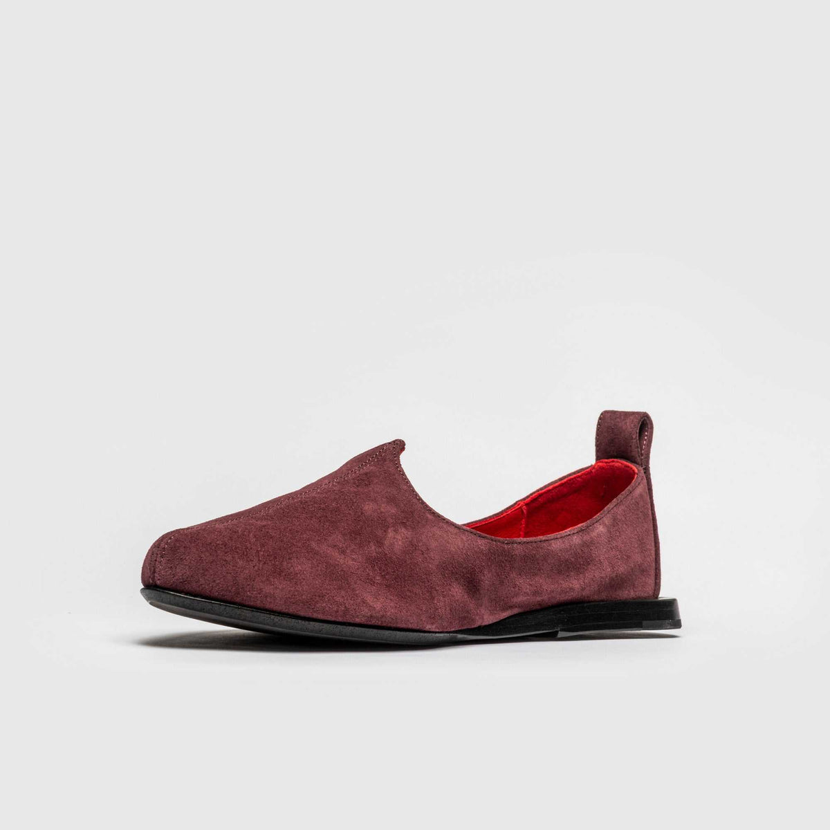 JOCO Granada women's Mojri loafer in burgundy suede, red lambskin lining, handmade in Lucca, Italy