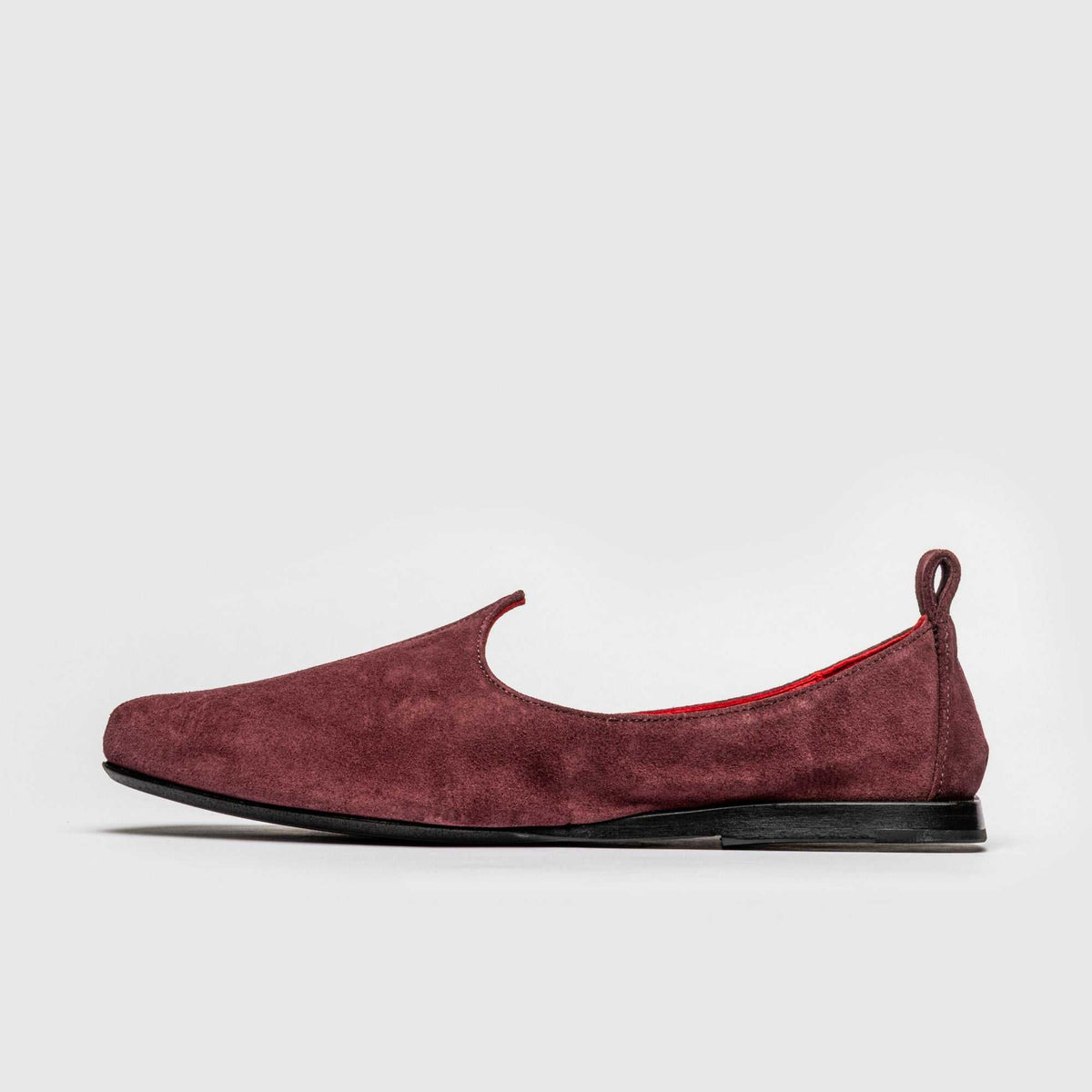 JOCO Granada women's Mojri loafer in burgundy suede, red lambskin lining, handmade in Lucca, Italy