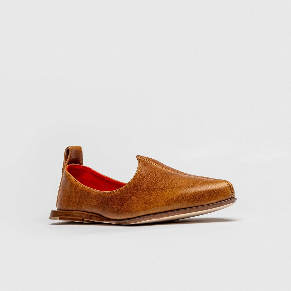 JOCO Jodhpur men's Mojri loafer in cognac brown calfskin, red lambskin lining, handmade in Lucca, Italy