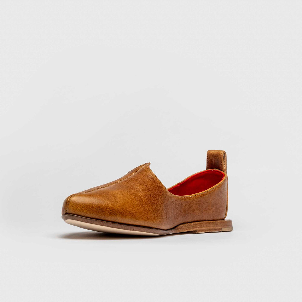 JOCO Jodhpur men's Mojri loafer in cognac brown calfskin, red lambskin lining, handmade in Lucca, Italy