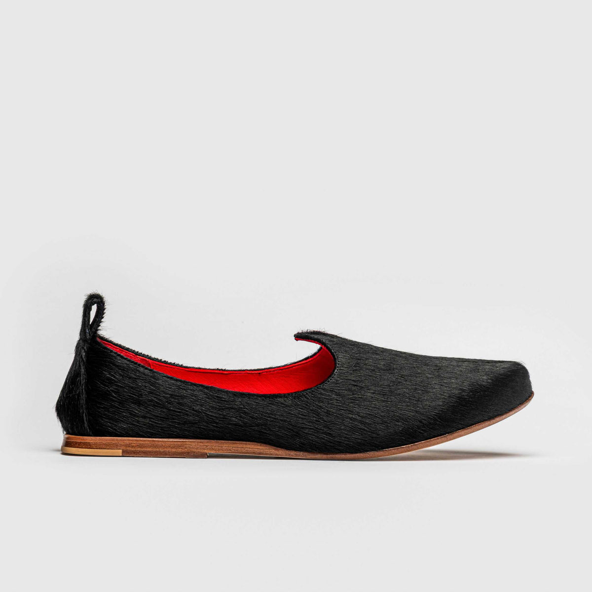 JOCO Austin Mojri loafer in black pony hair calfskin, red lambskin lining, handmade in Lucca, Italy