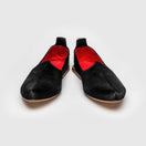 Pair of JOCO Austin Mojri (jutti) loafers in black pony hair calfskin with red lambskin lining, handmade in Italy
