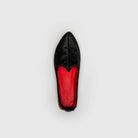Top view of JOCO Austin black pony hair Mojri loafer showing the red lambskin lining