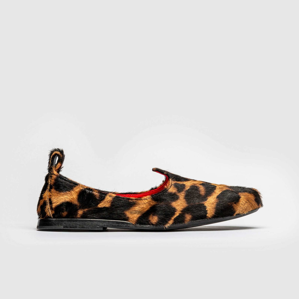 JOCO Austin women's Mojri loafer in leopard pony hair calfskin, red lambskin lining, handmade in Lucca, Italy