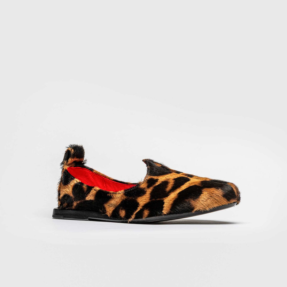 JOCO Austin women's Mojri loafer in leopard pony hair calfskin, red lambskin lining, handmade in Lucca, Italy