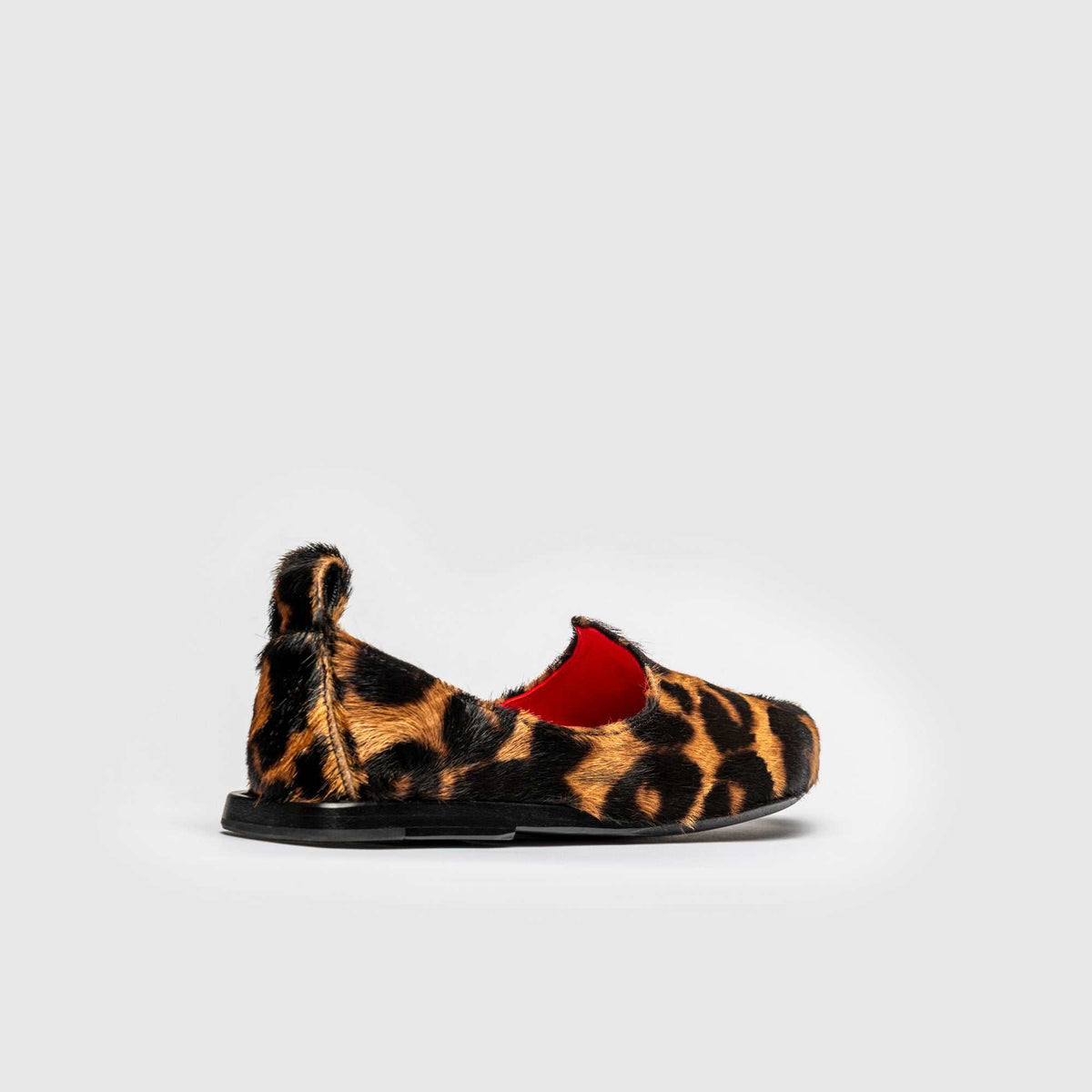 JOCO Austin women's Mojri loafer in leopard pony hair calfskin, red lambskin lining, handmade in Lucca, Italy