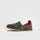 JOCO Granada Mojri loafer in olive green suede, red lambskin lining, handmade in Lucca, Italy