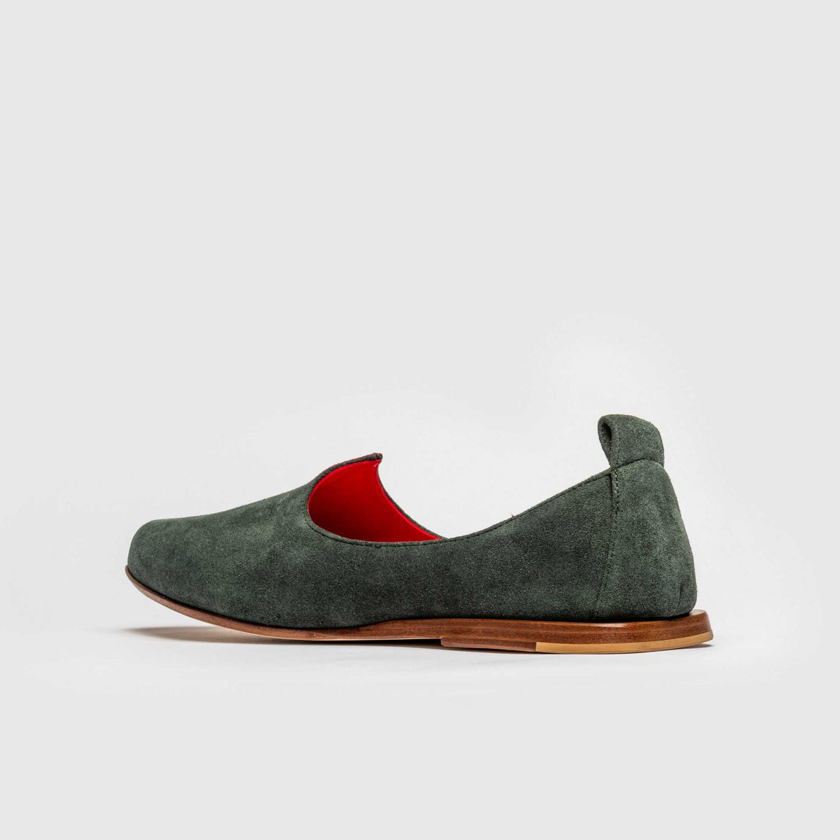 JOCO Granada Mojri loafer in olive green suede, red lambskin lining, handmade in Lucca, Italy