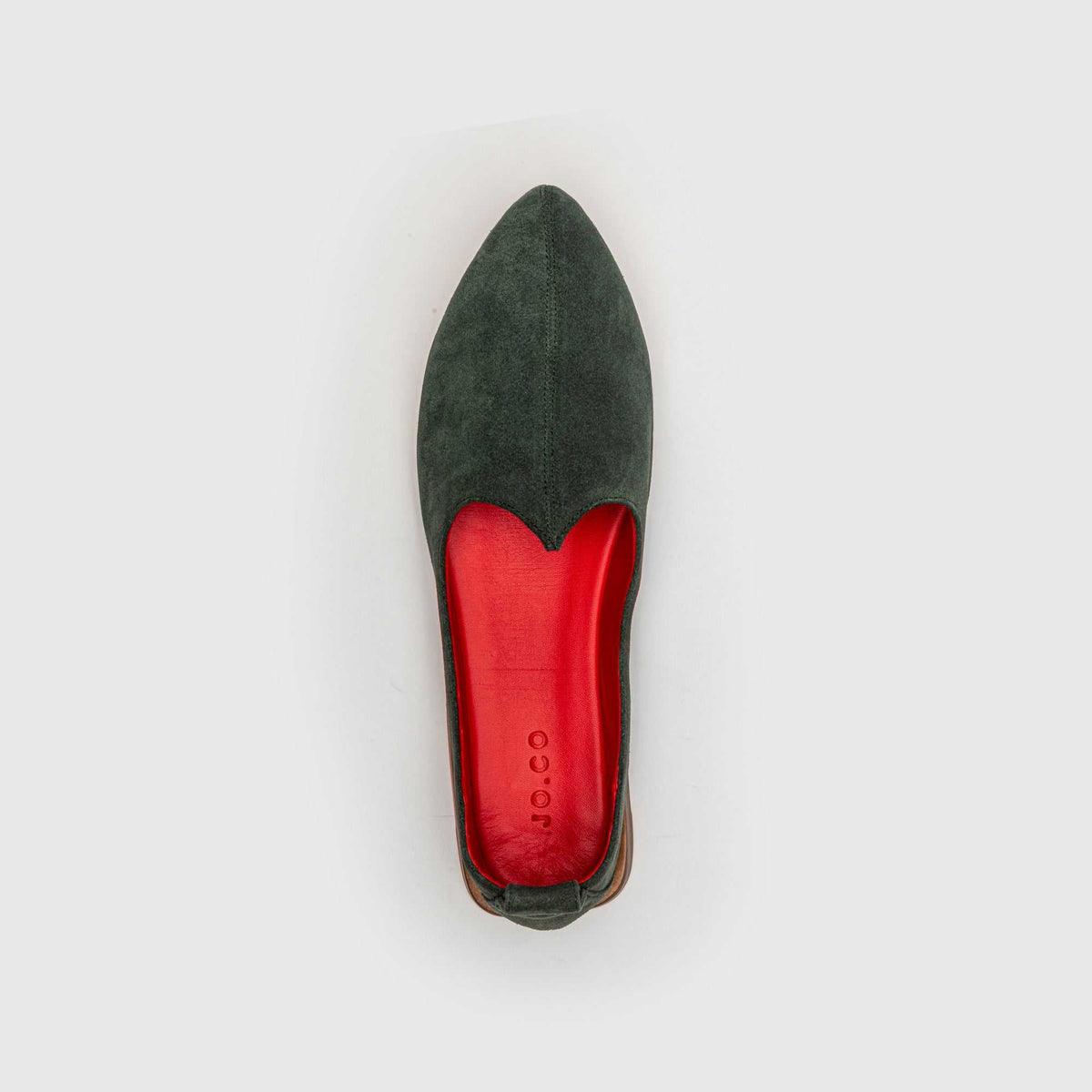 Top view of JOCO Granada olive suede Mojri loafer showing the red lambskin lining