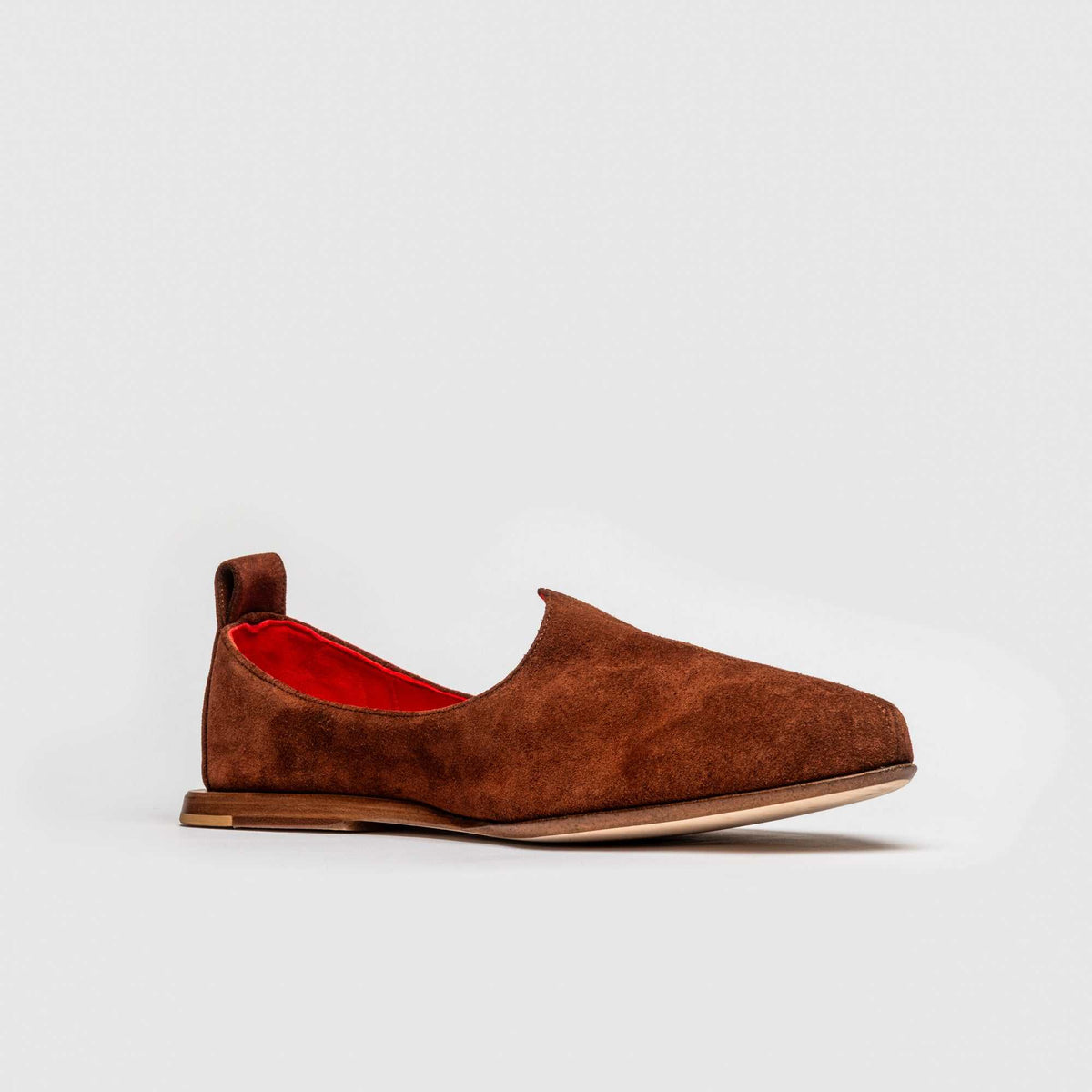JOCO Granada Mojri loafer in rust brown suede, red lambskin lining, handmade in Lucca, Italy