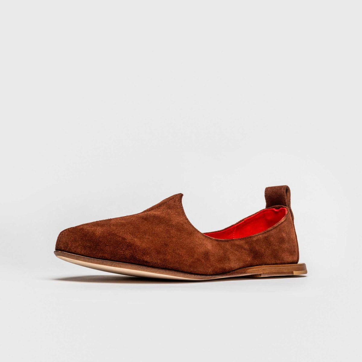 JOCO Granada Mojri loafer in rust brown suede, red lambskin lining, handmade in Lucca, Italy