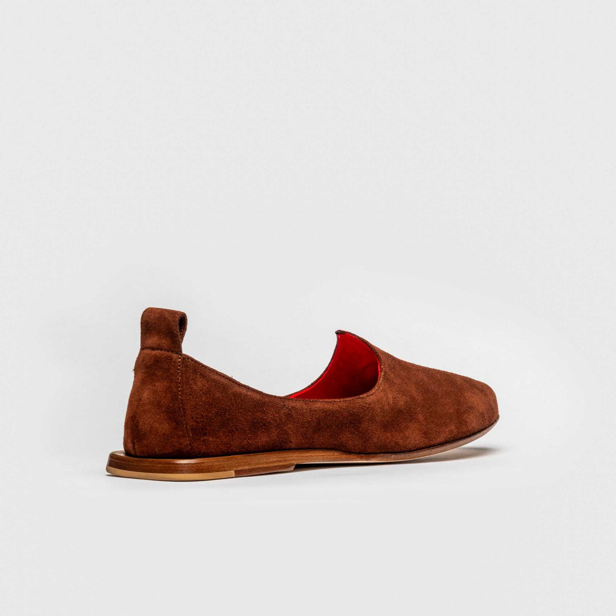 JOCO Granada Mojri loafer in rust brown suede, red lambskin lining, handmade in Lucca, Italy