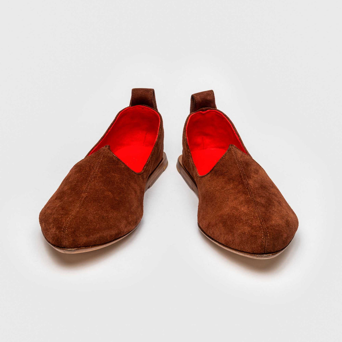 Pair of JOCO Granada Mojri (jutti) loafers in rust brown suede with red lambskin lining, handmade in Italy