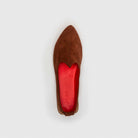 Top view of JOCO Granada rust brown suede Mojri loafer showing the red lambskin lining