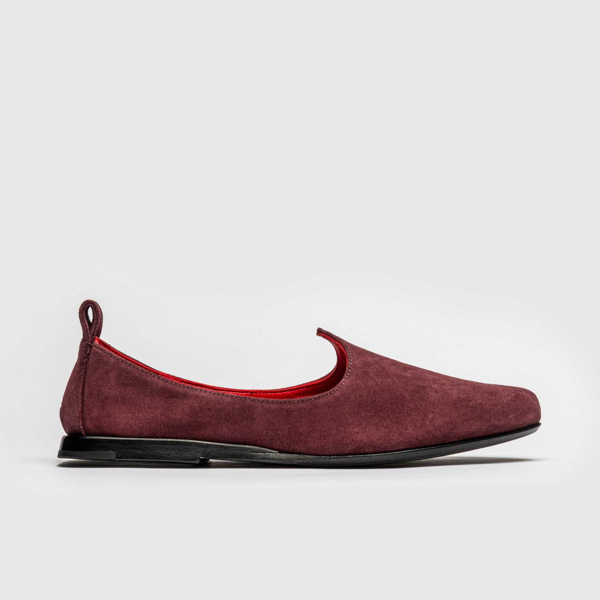 JOCO Granada women's Mojri loafer in burgundy suede, red lambskin lining, handmade in Lucca, Italy