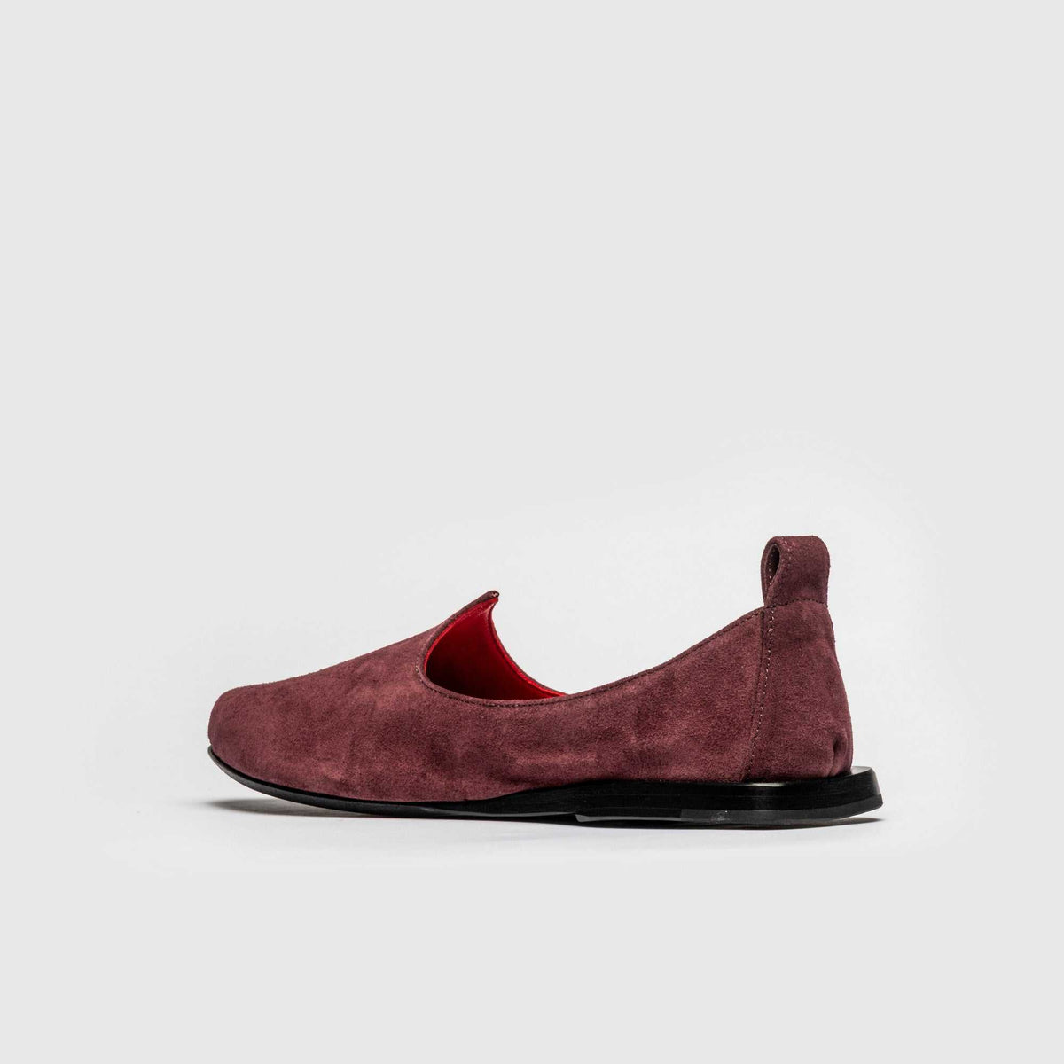 JOCO Granada women's Mojri loafer in burgundy suede, red lambskin lining, handmade in Lucca, Italy