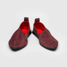 Pair of JOCO Granada women's Mojri (jutti) loafers in burgundy suede with red lambskin lining, handmade in Italy