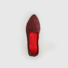 Top view of JOCO Granada women's burgundy suede Mojri loafer showing the red lambskin lining