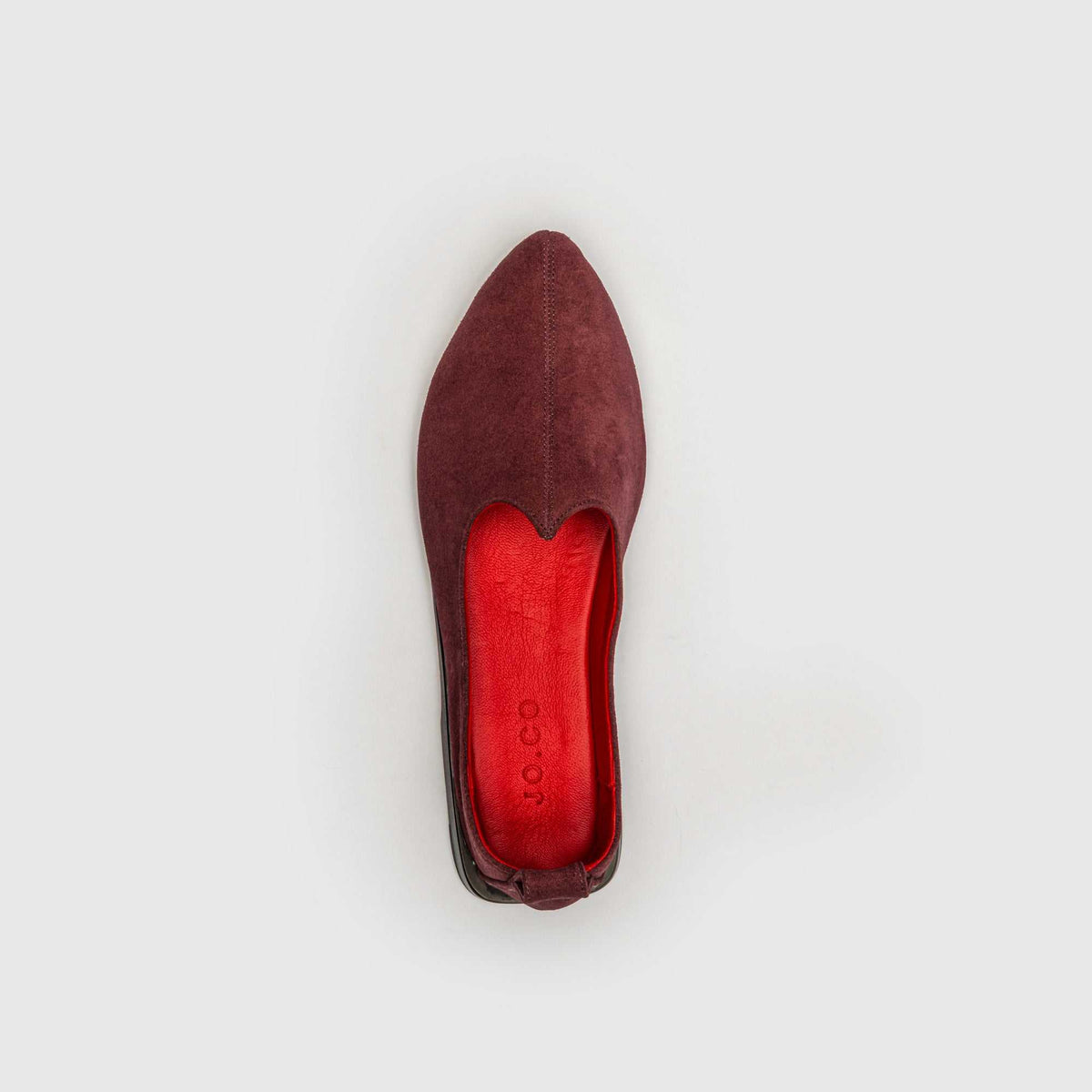Top view of JOCO Granada women's burgundy suede Mojri loafer showing the red lambskin lining