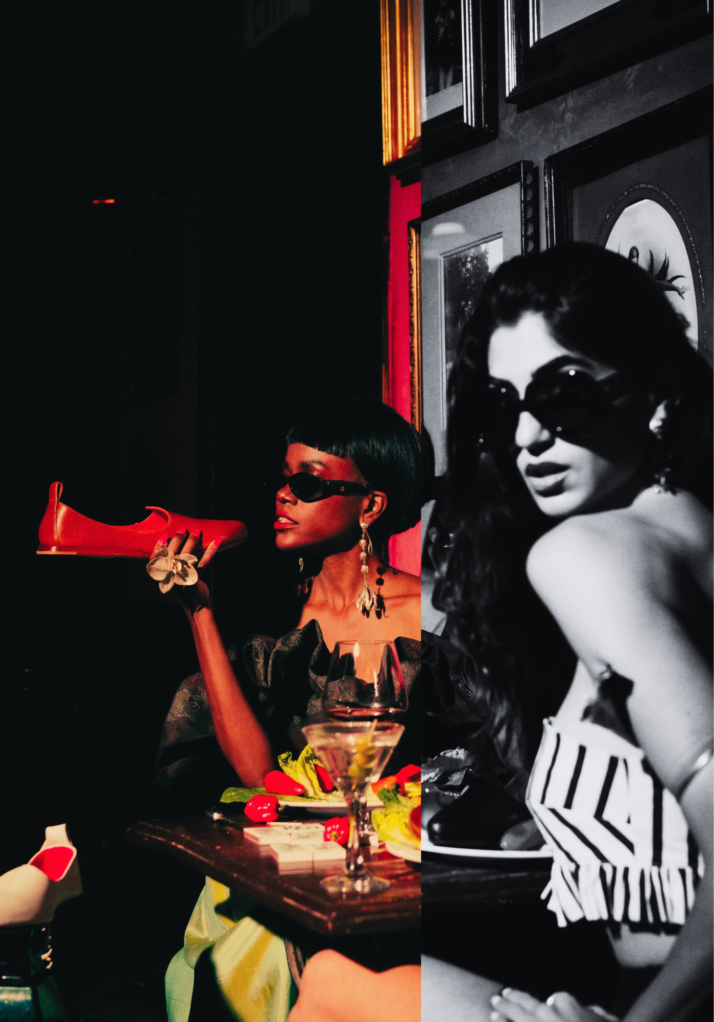 Woman in sunglasses holding a red leather JOCO mojri at a dinner table, JOCO Editorial Edit 2026